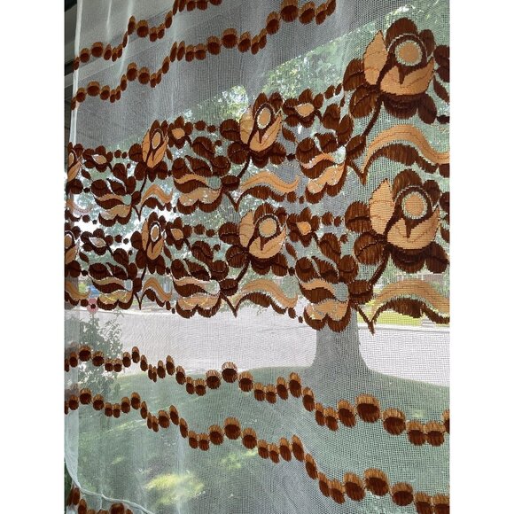 Vintage 70s curtain, tan, rust floral & dots embroidered pattern, sheer panel - Picture 3 of 10